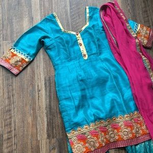 Turquoise & Pink Women Patiala Pants Set - Elegant Embroidered Salwar
